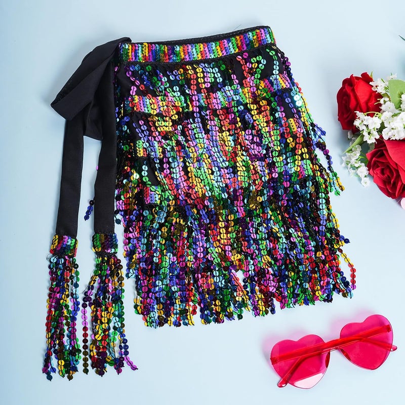 SUMERSHA Belly Dance Hip Scarf Sequin Tassel Skirt Wrap Sparkly Rave Costume for Women - Image 4